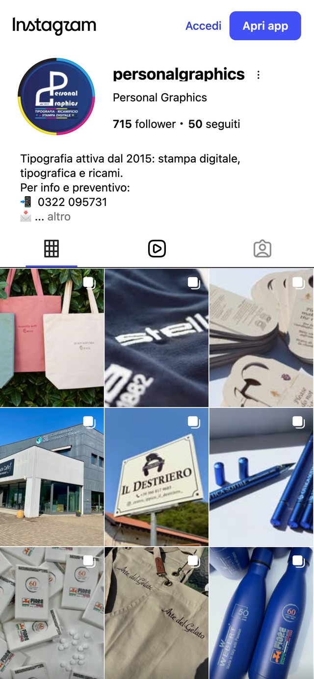 Il profilo Instagram di Personal Graphics visto da un telefono