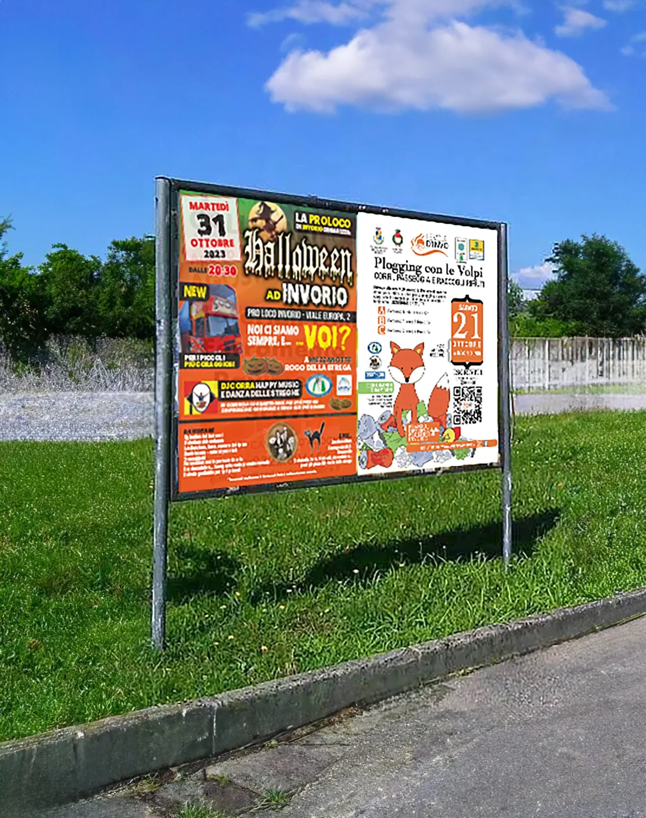 Manifesto della Pro Loco di Invorio per Halloween su un impianto di affissione in un prato