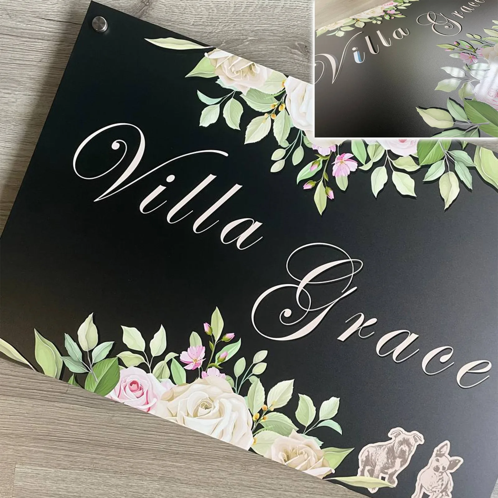 Targa nera Villa Grace con scritta in corsivo e decoro floreale