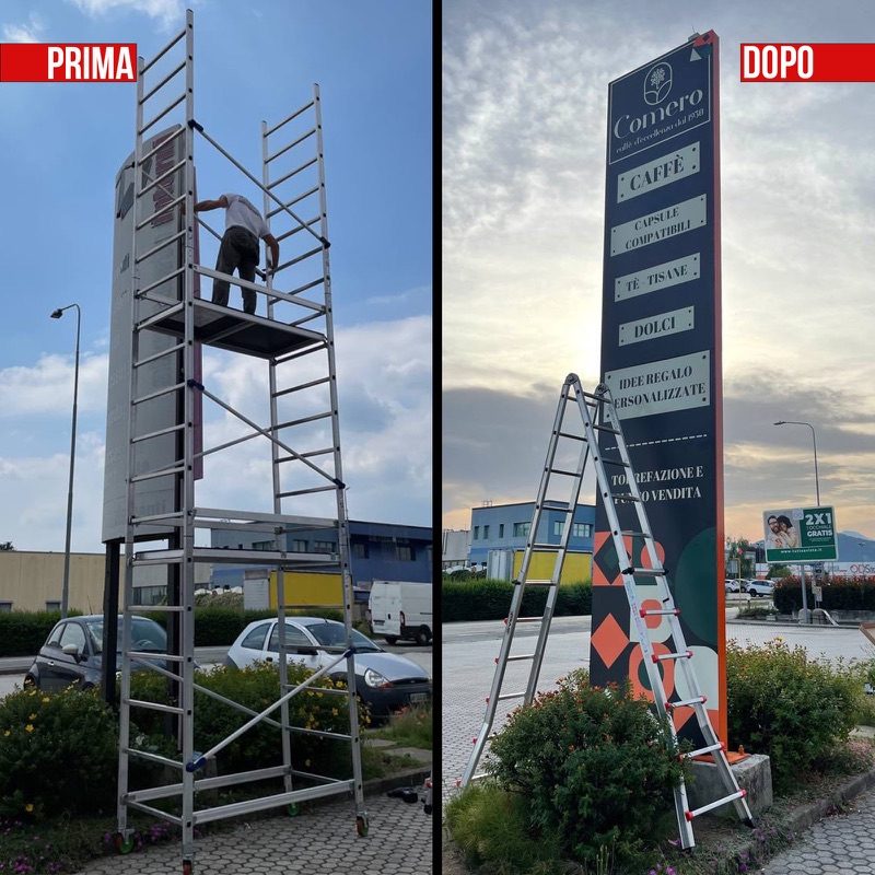 Insegna a totem prima e dopo l'installazione